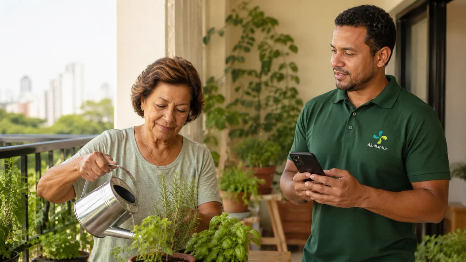 Cuidador de uniforme verde da Akallantus, com o celular na mão, acompanha uma idosa cuidando das plantas na varanda de um apartamento em São Paulo, com a cidade ao fundo.