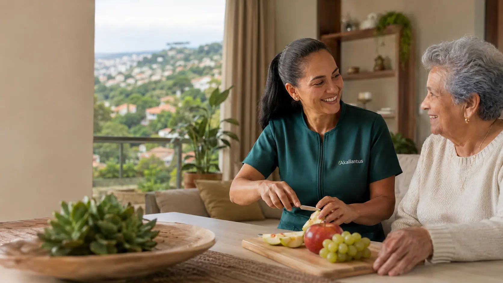 Cuidadora da Akallantus corta frutas ao lado de uma senhora idosa em uma mesa de casa.