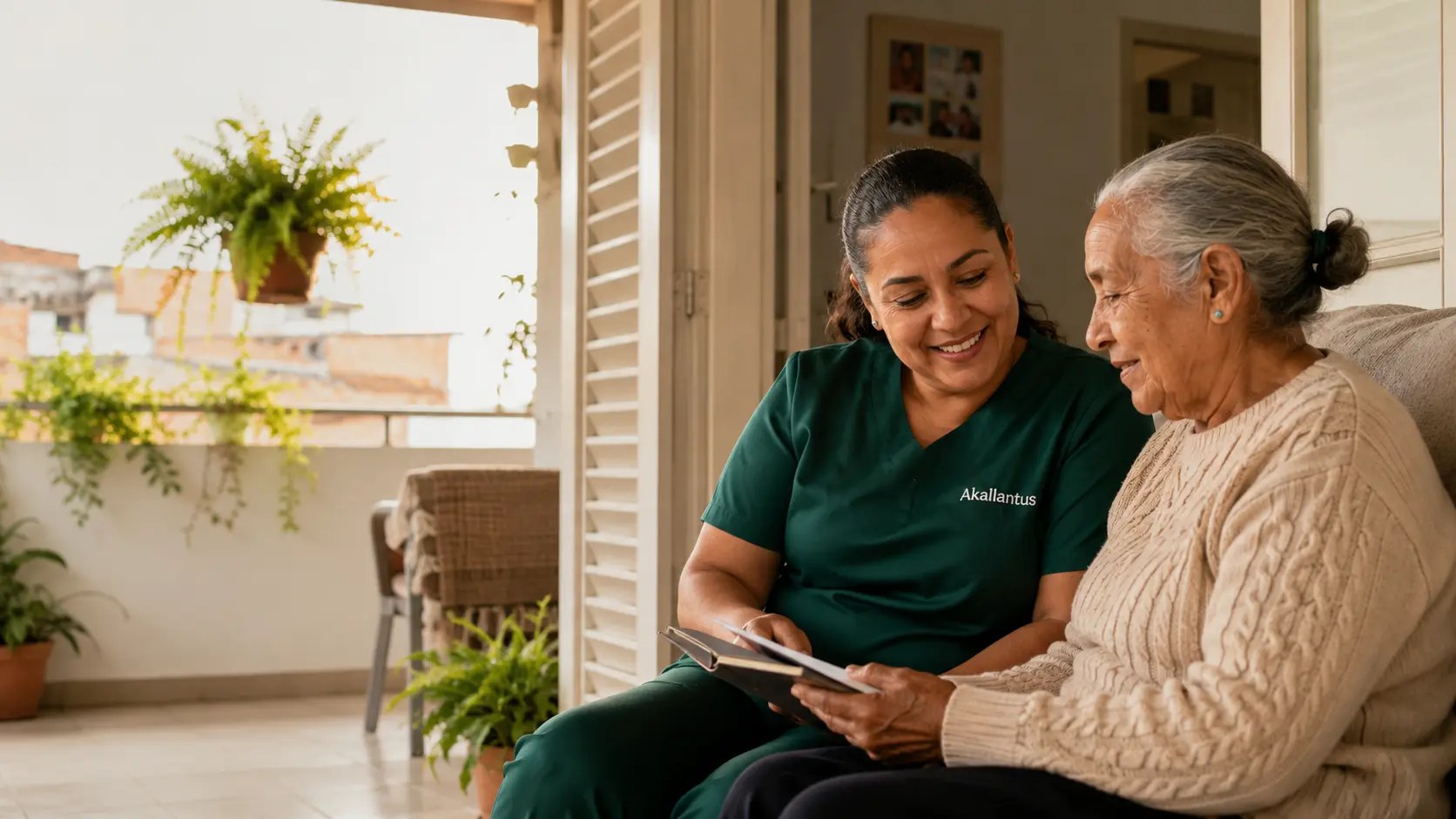 Cuidadora da Akallantus observa um tablet ao lado de uma senhora idosa em uma varanda com plantas.