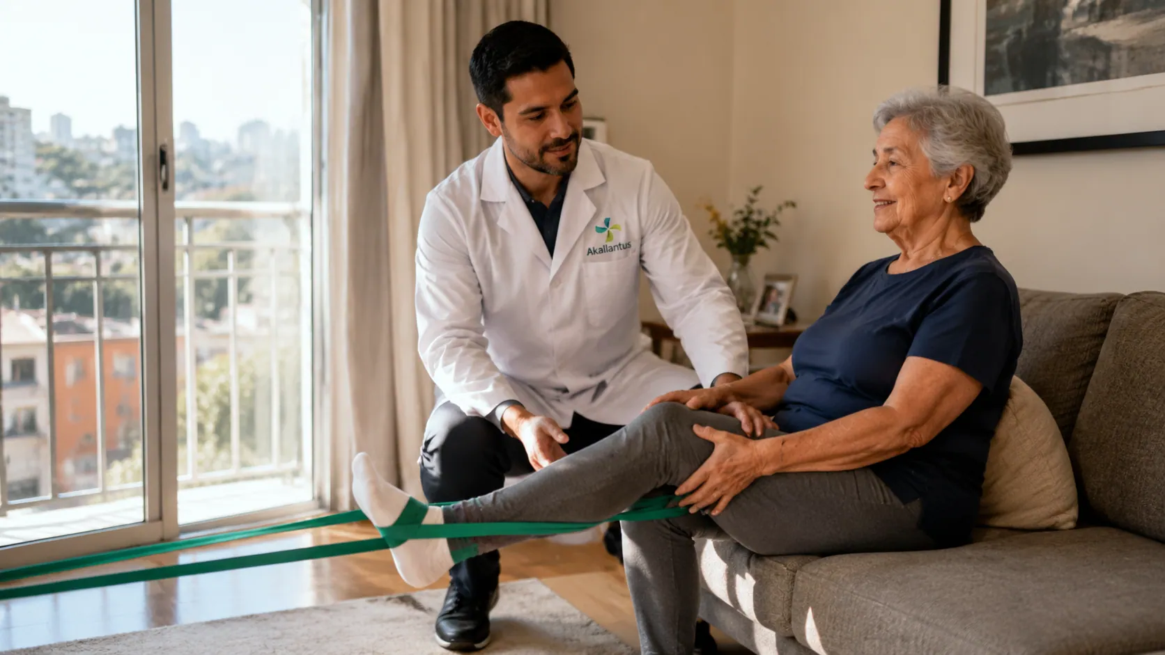 Fisioterapeuta da Akallantus orientando exercício de fortalecimento muscular em Guarulhos