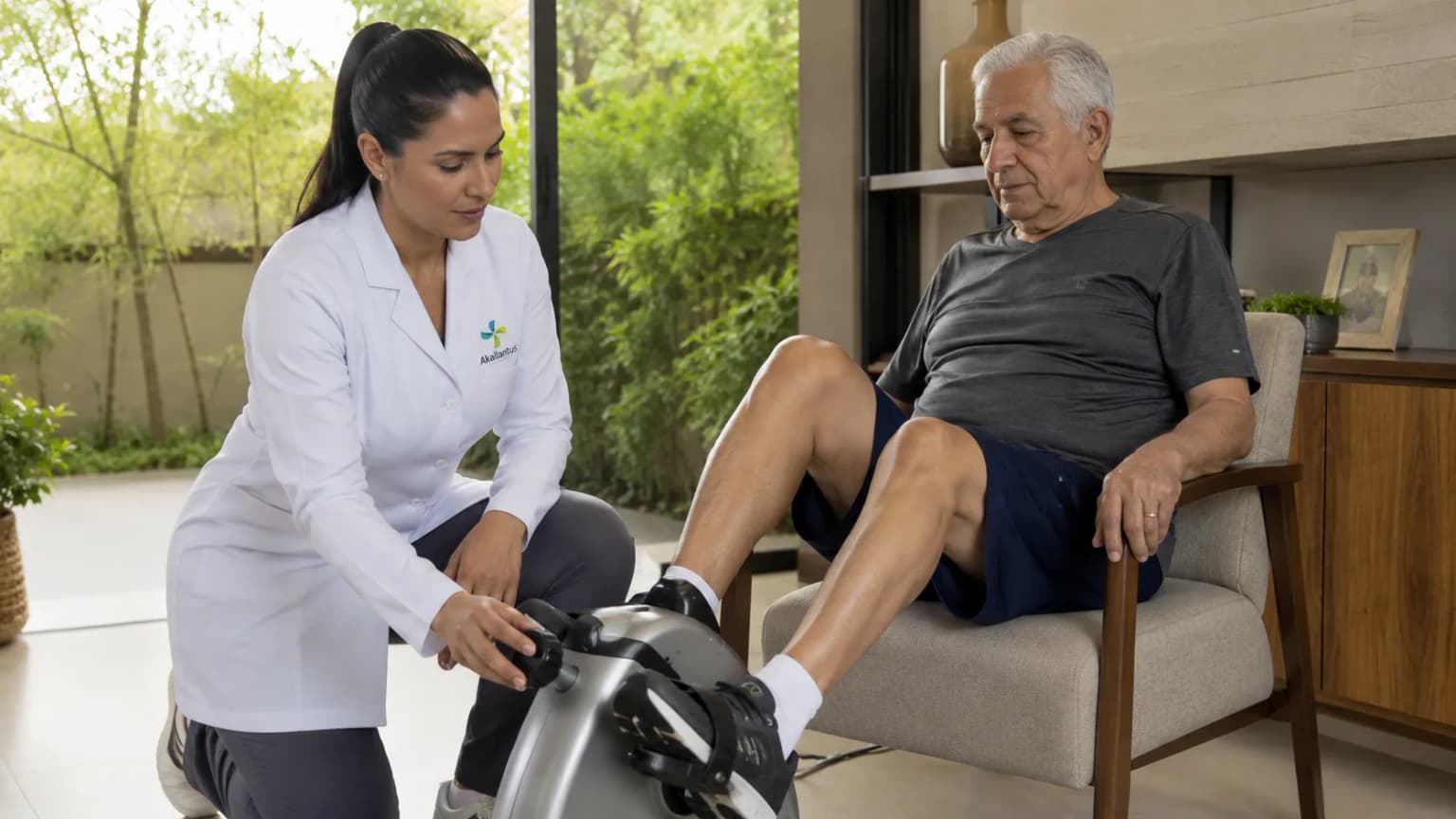 Fisioterapeuta da Akallantus acompanhando exercício com pedal em Mogi das Cruzes