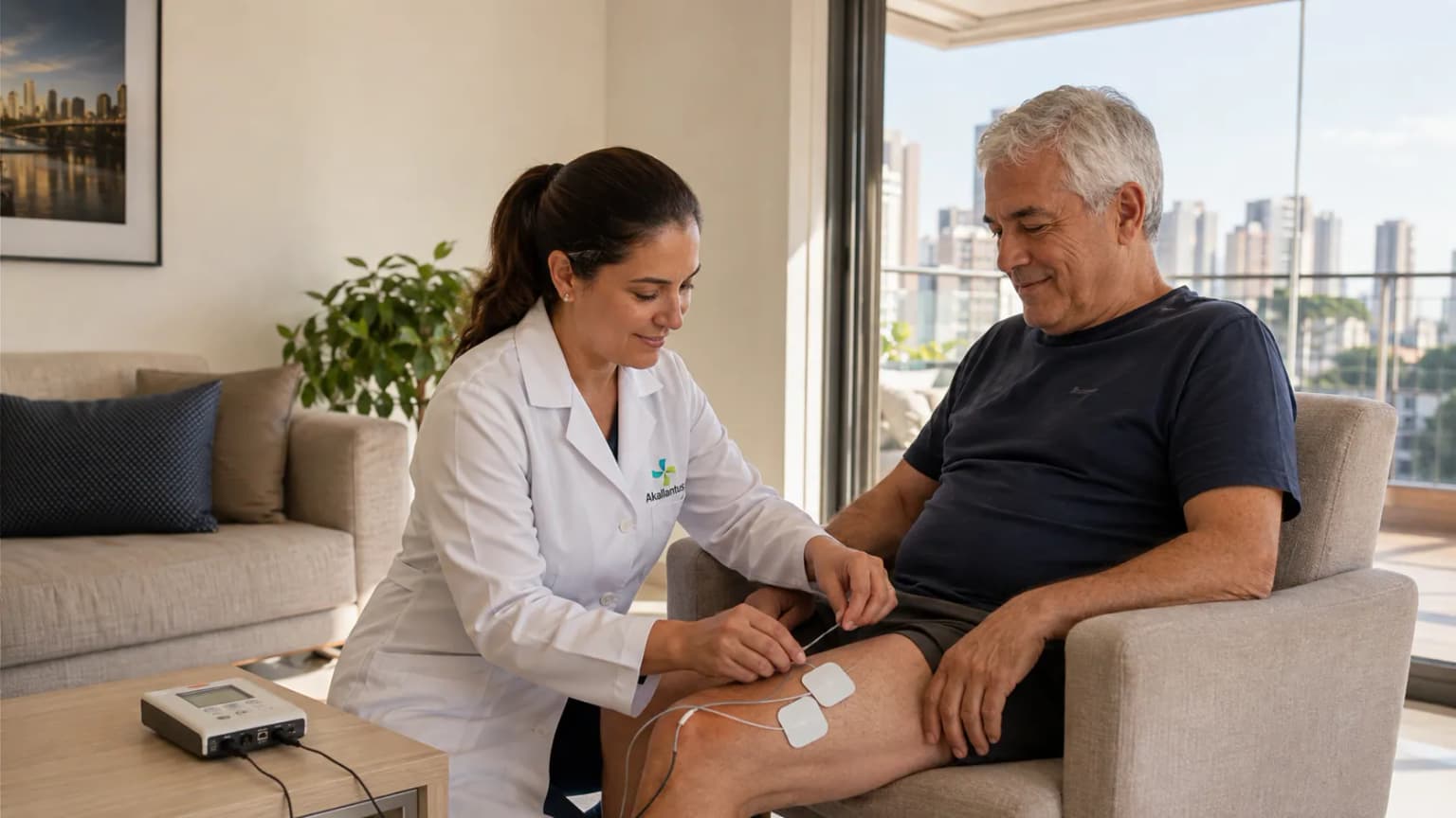 Fisioterapeuta da Akallantus aplicando eletroestimulação muscular em paciente em São Paulo