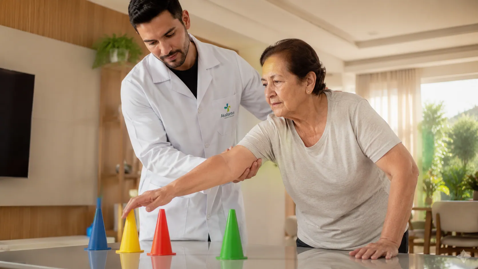 Fisioterapeuta da Akallantus realizando atividade de fisioterapia neurológica domiciliar