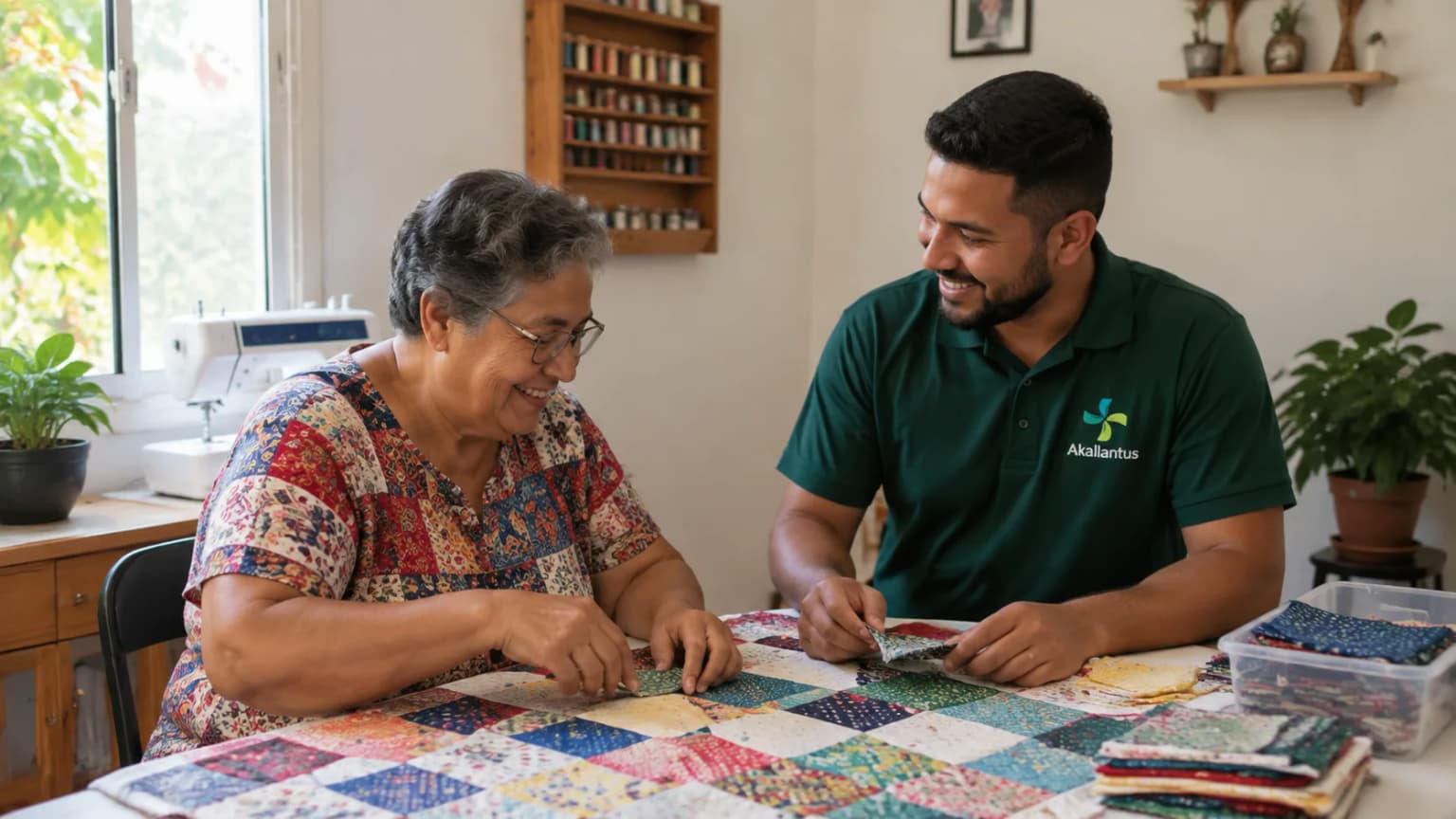 Cuidador da Akallantus acompanha uma senhora idosa em um trabalho de costura e patchwork em casa, em Guarulhos.