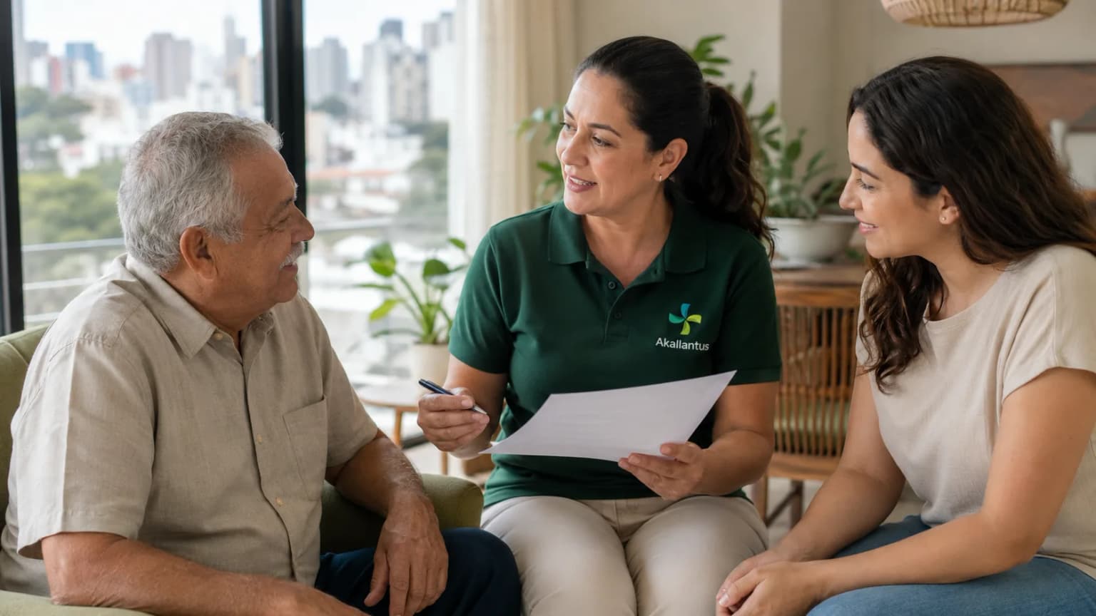 A caregiver in a green Akallantus polo reviews a home-care plan with an elderly man and his daughter in a São Paulo living room, with the city skyline through the window.