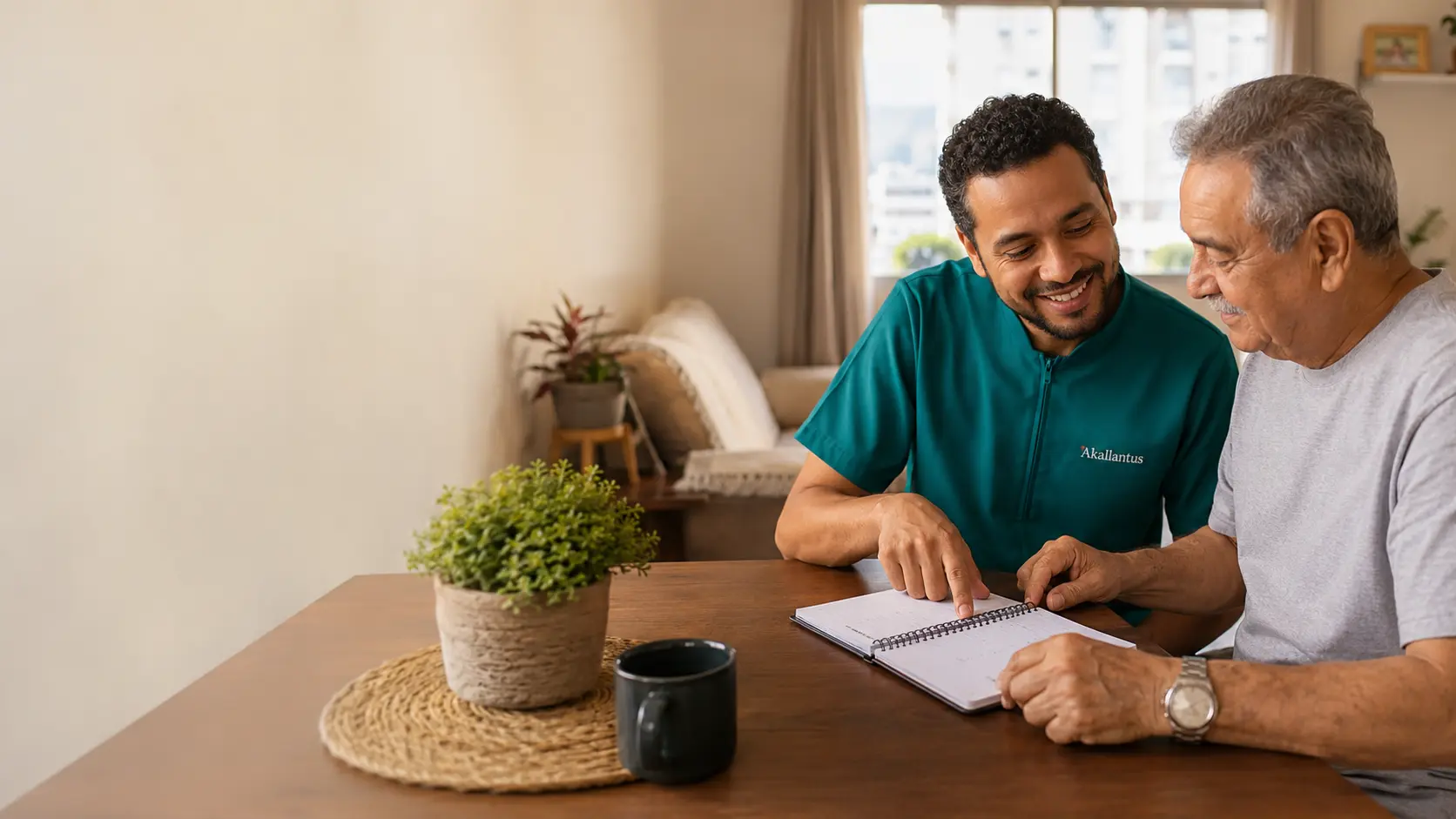 Cuidador da Akallantus revisa anotações com um senhor idoso em uma mesa de casa.