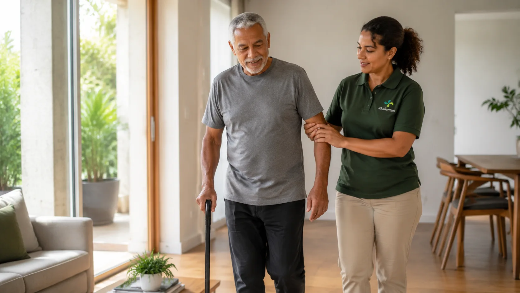 A caregiver in a green Akallantus polo supports an older man using a cane as he walks at home during his post-operative recovery.