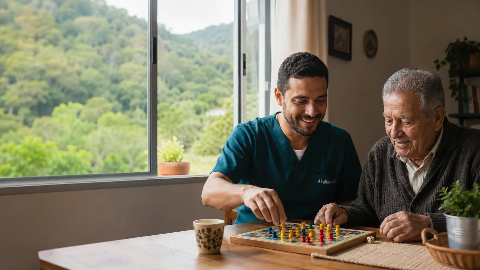 Cuidador da Akallantus joga um jogo de tabuleiro com um senhor idoso em casa.