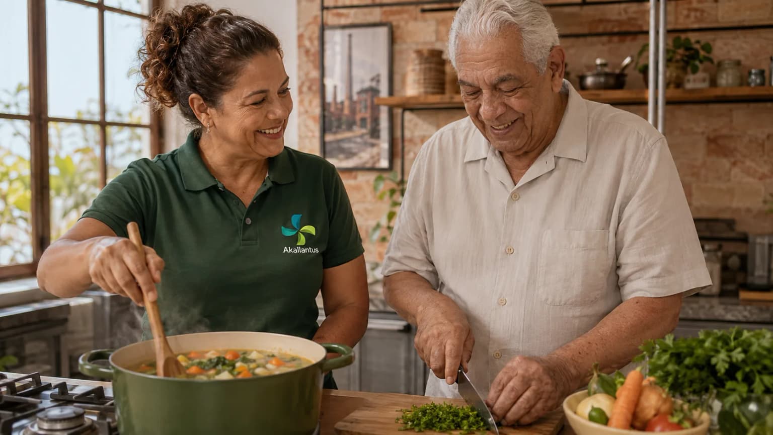 Cuidadora da Akallantus prepara uma sopa ao lado de um senhor idoso em uma cozinha aconchegante em Santo André, no ABC paulista.