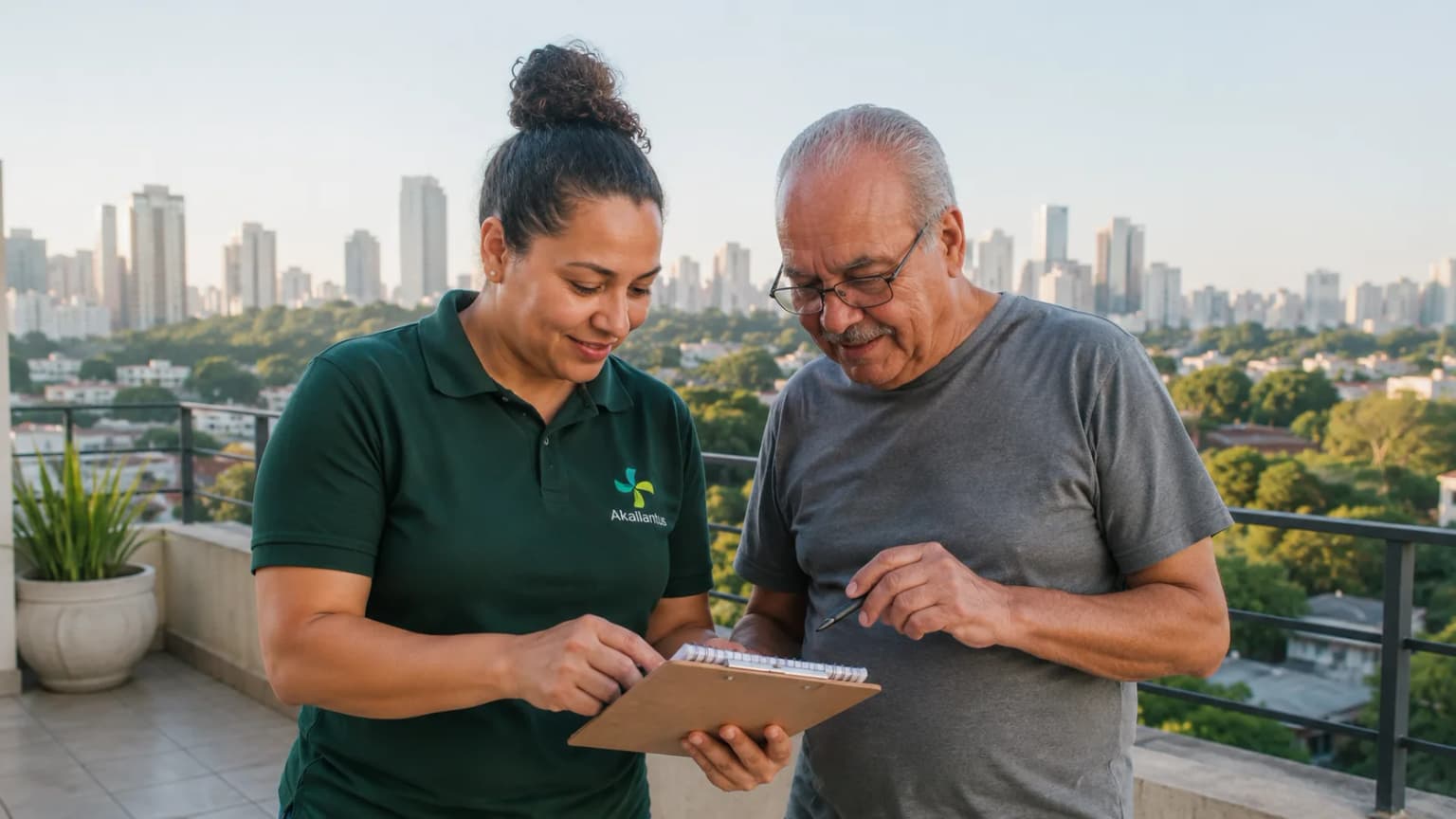 Cuidadora da Akallantus revisa um plano de cuidados com um senhor idoso na varanda de um apartamento em São Paulo, com o skyline da cidade ao fundo.