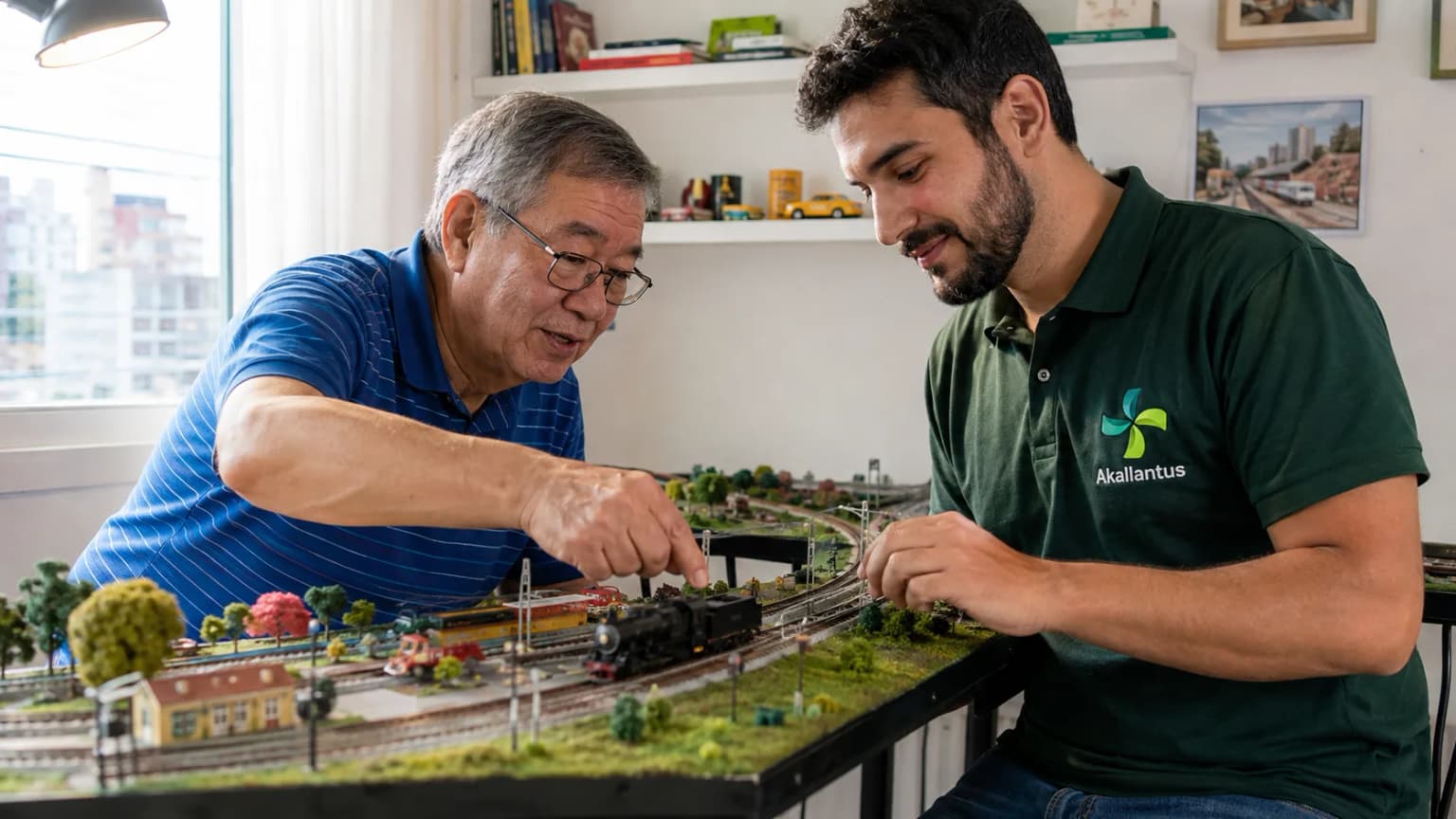 Cuidador da Akallantus observa uma maquete de ferreomodelismo com um senhor idoso em casa, na Grande São Paulo — Leste.