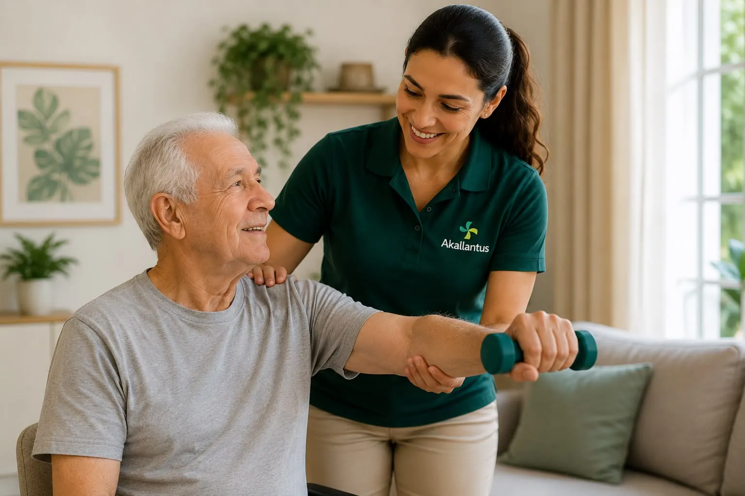 Cuidadora da Akallantus apoiando com atenção um exercício leve de mobilidade com um idoso, em casa.