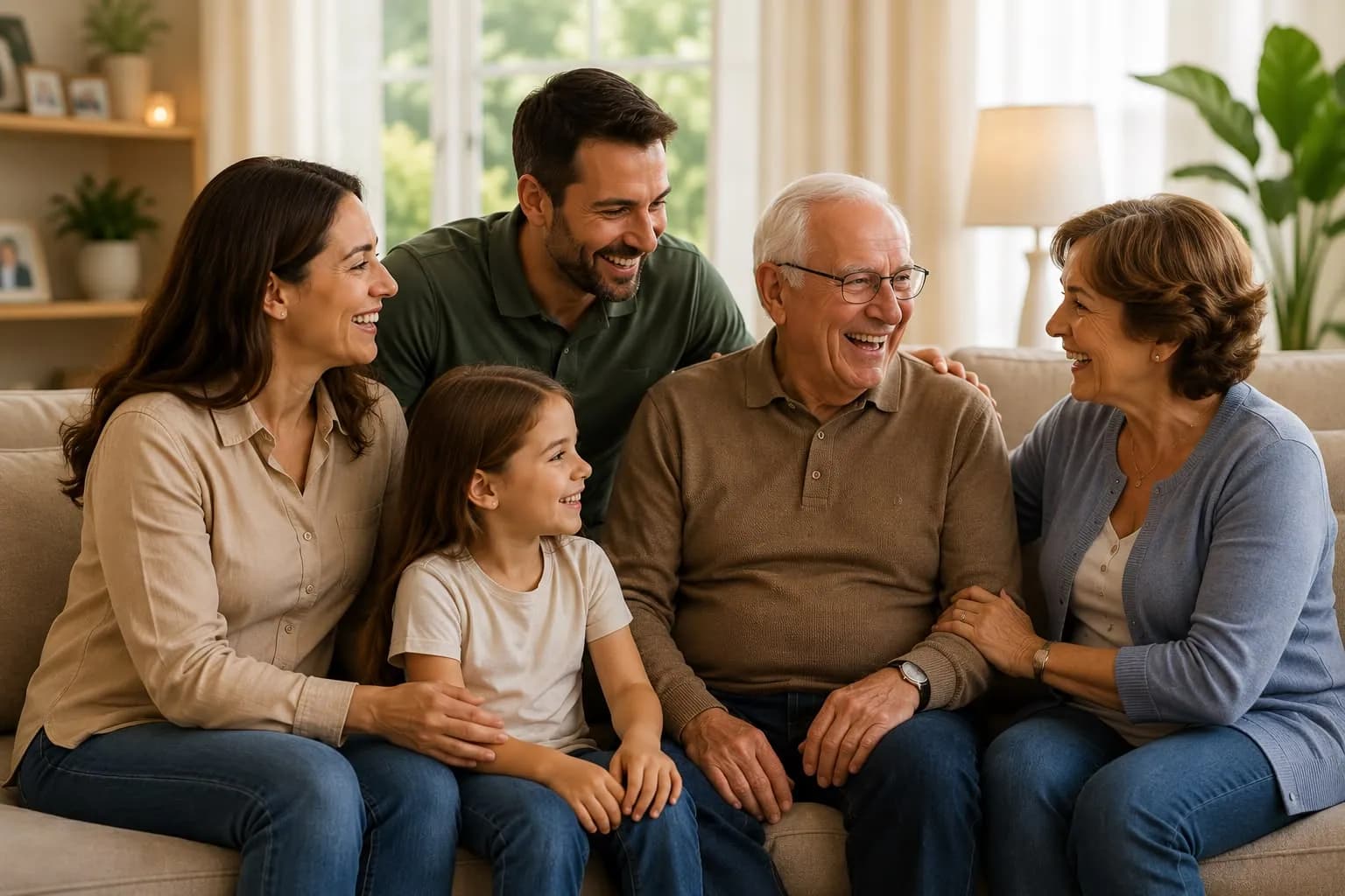 Família de três gerações reunida e sorridente no sofá, conversando sobre o cuidado de um casal de idosos.