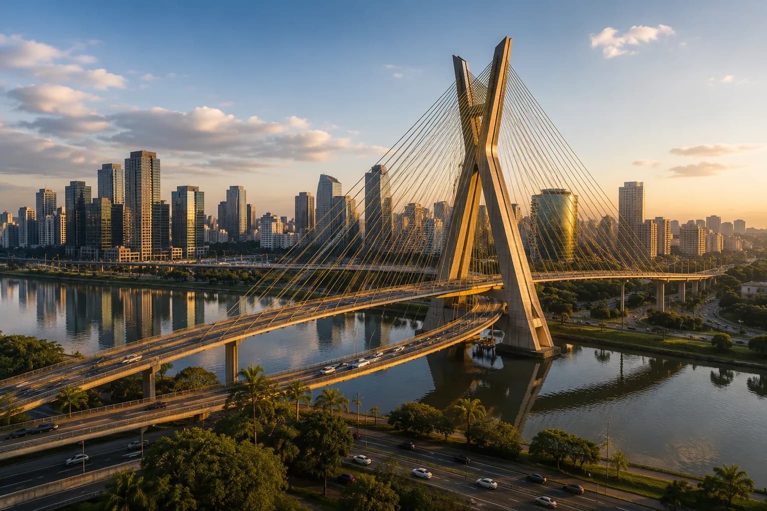 Vista da cidade de São Paulo com a ponte estaiada e o skyline ao pôr do sol, área de atuação da Akallantus.