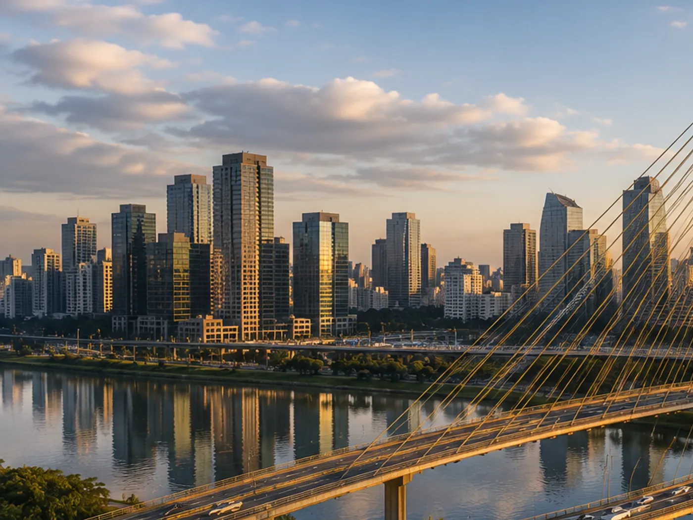 Skyline de prédios à beira do rio ao entardecer, na região metropolitana de São Paulo.