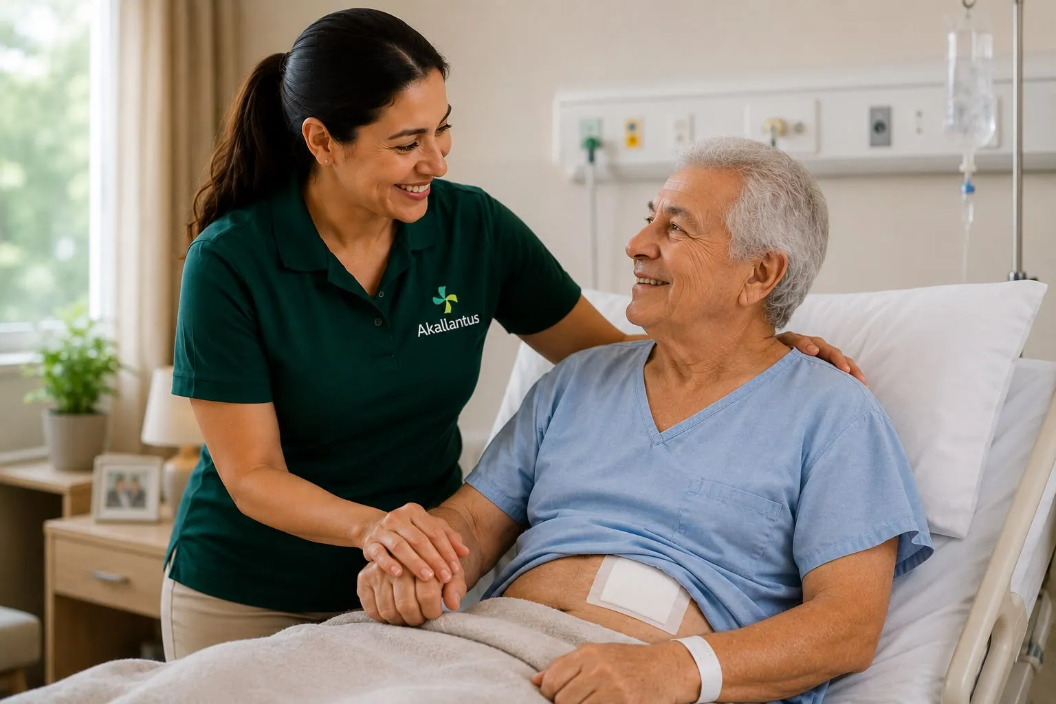 Cuidadora da Akallantus apoiando com carinho um idoso em recuperação em repouso, com atenção ao conforto e à segurança.