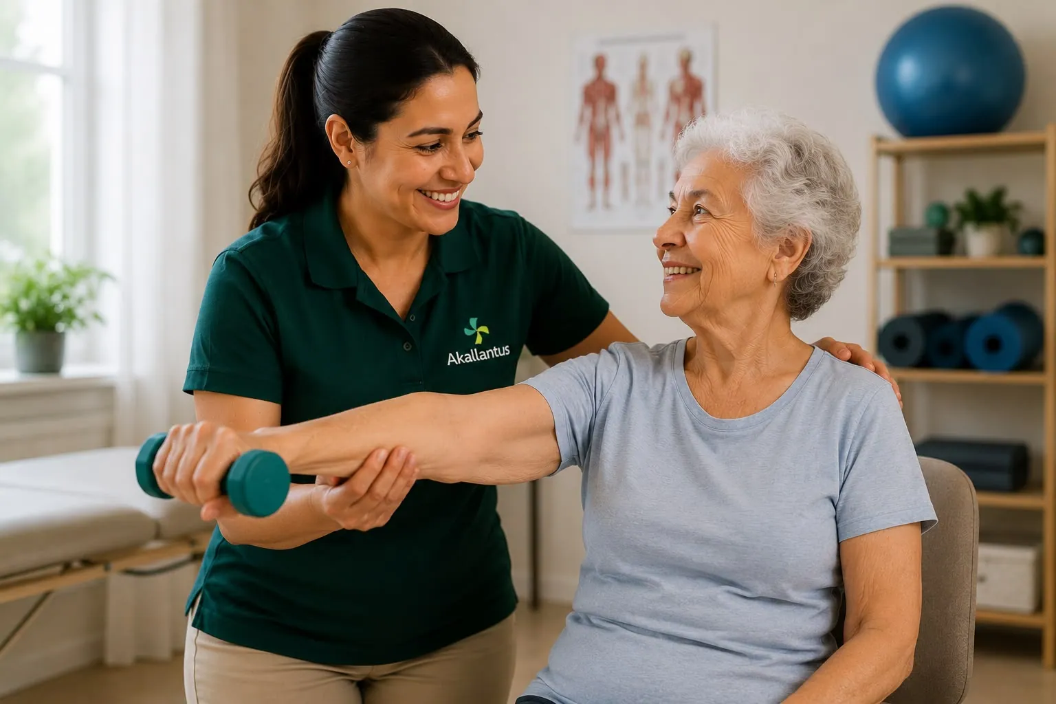 Cuidadora da Akallantus estimulando com carinho um exercício leve de mobilidade com uma idosa, em casa.