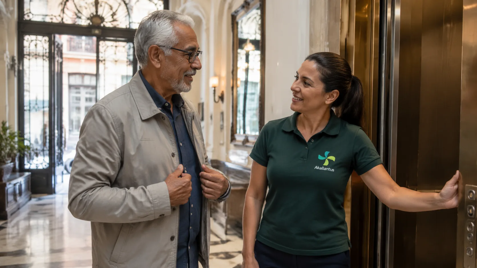 Cuidadora da Akallantus acompanha um senhor idoso no saguão de um edifício histórico.