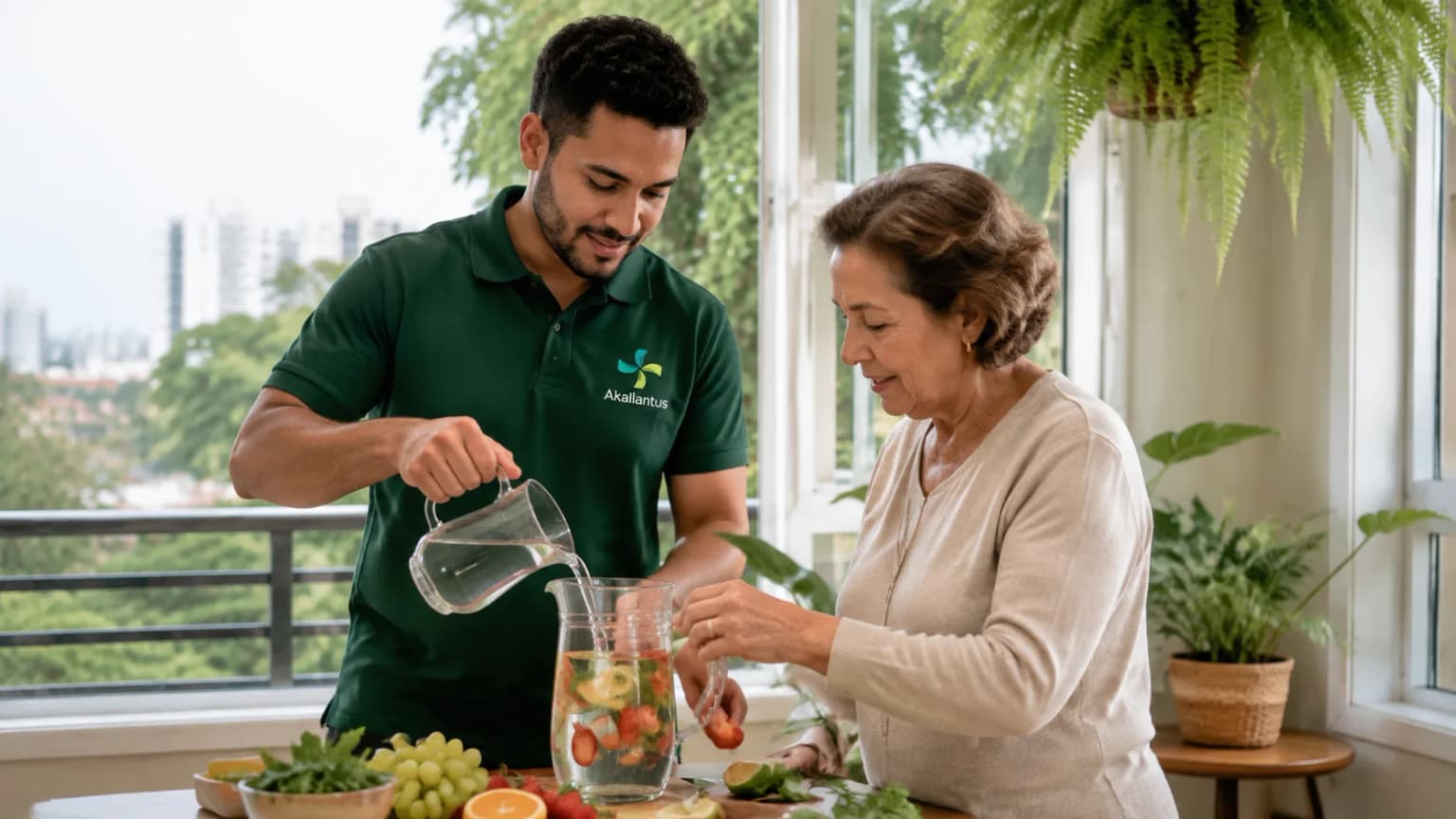 Cuidador da Akallantus prepara uma água aromatizada com frutas ao lado de uma senhora idosa em um apartamento.
